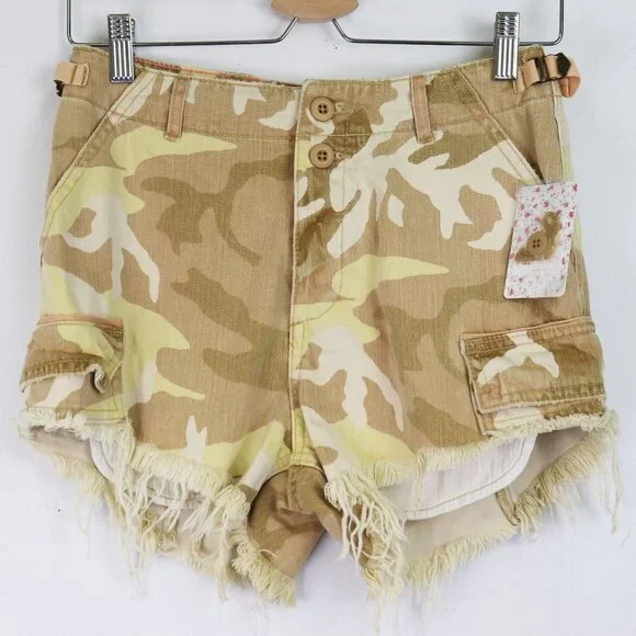 NWT Free People Commander Cut Off Desert Camo Denim Jean Short Tan Camouflage 0